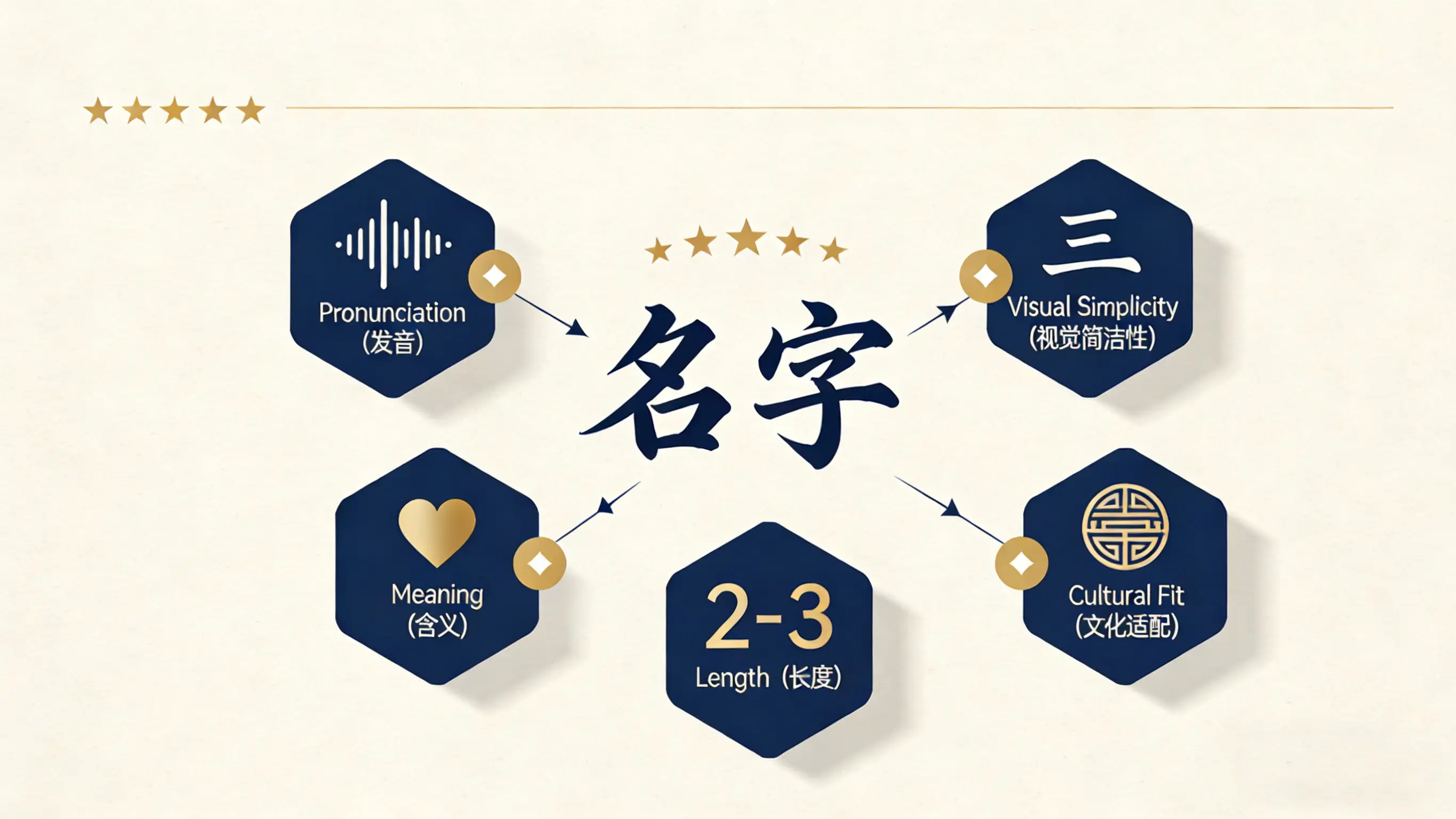 Visual guide showing the 5 criteria for memorable Chinese names